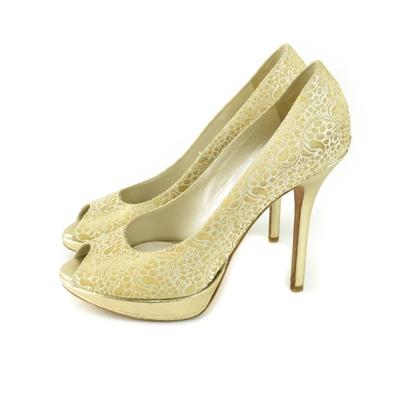 DIOR: Gold, Brocade Peep-Toe Logo Heels/Pumps - Picture 2 of 8